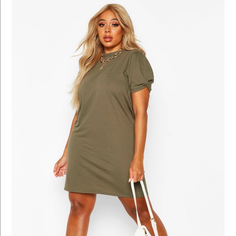 Khaki t shirt dress with puff sleeves